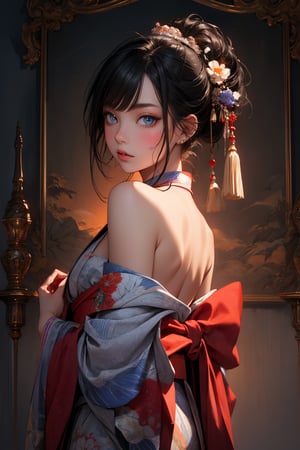 A breathtaking masterpiece of an illustration! In a soft, golden light, a stunning young woman sits majestically, wearing a beautiful blue kimono adorned with intricate floral prints. Her long, black hair cascades down her back, framing her delicate features and captivating blue eyes that seem to gaze directly at the viewer. Her slender hands hold a sword, its sheath and tassel gleaming in the warm glow. The folds of her kimono's obi sash create a sense of depth and dimensionality. A detached collar adds a touch of elegance, while her bare shoulders and long sleeves showcase her feminine form. Her bangs and mouth mask enhance her enigmatic expression. In the background, subtle shadows and textures hint at a serene, dreamlike atmosphere.