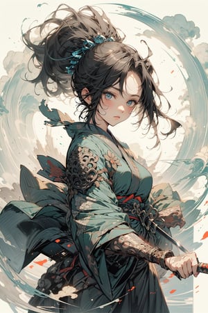(masterpiece:1.4),very aesthetic,intricate,best quality,amazing quality,extremely hyghres resolution,ultra-detailed,intricate detailed face and eyes,intricate line,delicate drawing1girl, solo, breasts, looking at viewer, blue eyes, black hair, hair ornament, holding, weapon, japanese clothes, kimono, holding weapon, tattoo, mask, traditional media, knife, fighting stance, holding knife, ninja,karesansui,furyu,miyabi,wabi_sabi,ultra delicate, clearly, super fine illustration, absorbres, pastel art,
BREAK beautiful lighting, beautiful glow, marker \(medium\),Freehand_Brushwork,nodf_lora