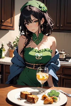 (masterpiece:1.3),(cawaii:1.3),1girl, solo, breasts, looking at viewer, bangs, large breasts, black hair, dress, holding, cleavage, bare shoulders, jewelry, closed mouth, yellow eyes, earrings, frills, food, indoors, cup, strapless, fruit, blue dress, bottle, strapless dress, plate, drinking glass, holding plate, kitchen, lemon, lemon slice,oil painting(medium),flat color,very aesthetic,intricate,best quality,amazing quality,extremely hyghres resolution,ultra-detailed,intricate detailed face and eyes,intricate line,delicate drawing,BREAK
(St. Patrick's Day:1.5)
(celts:1.3)