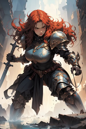 A masterpiece of ultra-detailed, beautiful artwork depicts a stocky, plump dwarf with round eyes and red hair, donning bikini armor, mustache, helmet, and holding a battle axe in combat stance. Her legs are open, and she glares directly at me with an intense gaze. The lighting is breathtaking, with a beautiful glow emanating from the chrome-plated armor, creating a stunning contrast against her dark surroundings. Every detail, from the intricate face and eyes to the delicate drawing of her mustache, is rendered in super fine illustration quality, making this piece truly absorbent. The ultra-detailed artwork shines like pastel art, showcasing an incredible level of craftsmanship.,Enhance