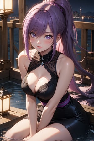 (masterpiece, best quality, ultra-detailed, beautiful, nai3),very aesthetic,intricate,best quality,(amazing quality),extremely hyghres resolution,(ultra-detailed),intricate detailed face and eyes,intricate line,(delicate drawing),1girl, solo, long hair, breasts, looking at viewer, blush, smile, bangs, large breasts, dress, cleavage, hair between eyes, bare shoulders, sitting, very long hair, closed mouth, purple eyes, ponytail, purple hair, sidelocks, thighs, sleeveless,,hot water, sash, clothing cutout, night, cleavage cutout, steam, between legs, hand between legs, lantern, onsen,ultra delicate, clearly, super fine illustration, absorbres, pastel art,
BREAK beautiful lighting, beautiful glow,