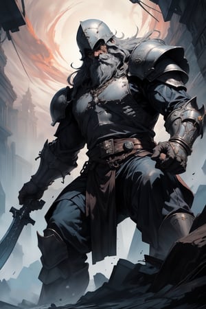 In a dimly lit dungeon, a stocky dwarf stands firm in combat stance, legs open wide. His round eyes gleam with intensity as he gazes directly at the viewer, mustache and beard framing his face. A long, flowing beard cascades down his chest, its delicate strands illuminated by an ultra-fine glow. He wields a battle-axe in one hand, the other grasping a second weapon with equal precision. The air is thick with tension as he glares at us, his armor and helmet a testament to his unyielding determination. Soft pastel hues dance across the scene, imbuing the atmosphere with an ethereal beauty.,nodf_lora