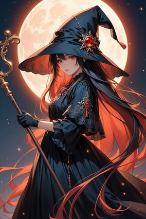 (cawaii:1.3),very aesthetic,intricate,best quality,(amazing quality),extremely hyghres resolution,(ultra-detailed),intricate line,(delicate drawing),(a black witch with an old dark face holding a staff over flowing red blood), moon, 1girl, red eyes, veil, jewelry, dress, long hair, staff, looking at viewer, black gloves, black dress,holding staff,ultra delicate, clearly, super fine illustration, absorbres, pastel art, BREAK beautiful lighting, beautiful glow,