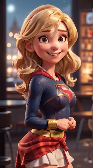 detail face, best quality, ultra high res, (photorealistic:1.4), ((detailed facial features)), 8k resolution, Supergirl from DC Comics, 1girl, (blonde hair:1.3), (much hair:1.3), (detailed hair:1.2), (bangs:1.2), (detailed eyes:1.2), thin eyebrows, (smiling:1.3), perfect body, curvy body, medium breasts, (bar:1.4),(dark night:1.5), flying.