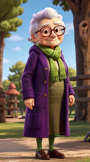 masterpiece, best quality, an old woman with glasses and a scarf on, wearing a purple coat and green scarf, standing at the park