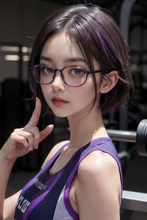 1 girl, asian face, short_hair, purple_eyes, purple hair, wearing glasses, megane, glasses, sportswear, magazine, gym_clothes, work_out, good hand, good finger, bust_shot, bust_portrait, potrait