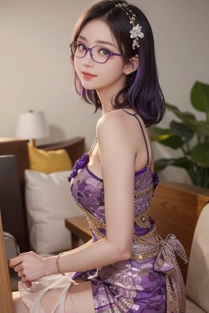 1 girl, asian face, short_hair, purple_eyes, purple hair, wearing glasses, megane, glasses, good finger, potrait, 5_figner, fingers, detailed-finger, cute, smile face, kebaya