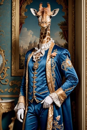 animal anthropomorphism giraffe, (cowboy shot), Wearing luxury sack-back gown, Old-fashioned glasses, detailed and opulent description of a male aristocrats sack-back gown in Rococo style, emphasizing luxurious fabrics, intricate embroidery, and ornate accessories, Rococo style background