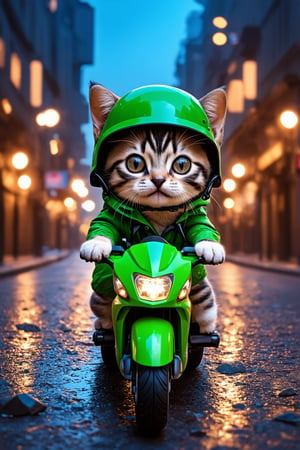 Hyper-realistic digital illustration featuring a kitten with large, expressive eyes, wearing a GREEN raincoat and helmet, riding a tiny GREEN motorcycle, set against a blurred nighttime city street with warm bokeh lights, creating a whimsical and detailed scene with textures of the wet pavement and scattered debris, highlighting the contrast between the sharp focus on the adorable feline and the out-of-focus urban background, adding a layer of surreal charm and imaginative detail to the picture.