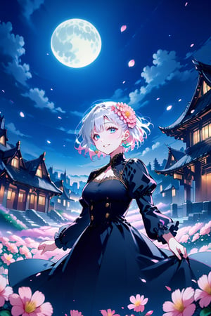 score_9,score_8_up,score_7_up, 1girl,looking at viewer,smile,short hair,bangs,blue eyes,hair ornament,long sleeves,dress,cleavage,jewelry,medium breasts,standing,flower,white hair,multicolored hair,earrings,outdoors,parted lips,sky,puffy sleeves,cloud,hair flower,black dress,petals,clothing cutout,night,moon,cleavage cutout,building,night sky,full moon,pink flower