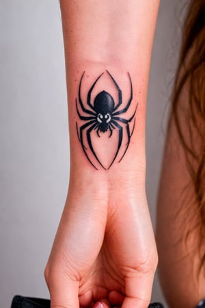 Wrist Tattoo, Tattoo Design, a black and white spider tattoo on the wrist of a woman with her hand in front of her face