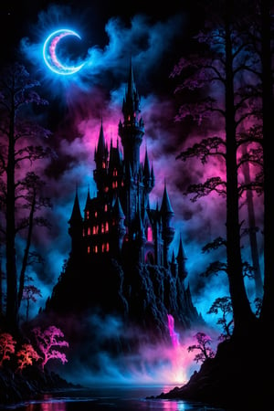 masterpiece of high-contrast shadow and light, a gothic castle sitting on edge of a forbidden mystical forest, moonlight, (fog and moonbeams:1.2), (pure black:1.3), and (darkness:1.3), mysticism, fantasy, gothic horror, glowing flora, magical phenomena, ultra realistic painting, intricate, High Detail, Sharp focus, realism, darkness.
