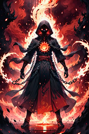 (Dark and intense:1.2), A striking anime character, shrouded in shadows and poised for battle, stands against a deep crimson background adorned with menacing chains. Glowing red hollow fire particles dance around the scene, creating an otherworldly ambiance. The unique pastel look adds an ethereal touch to this dramatic and visually intense composition,