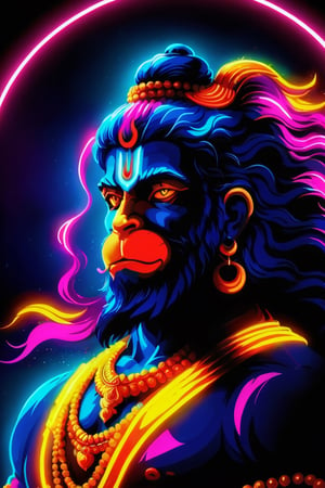 hanumanji art,Visualize Hanumanji in a vibrant neon vector art style, emanating an ethereal glow amidst the darkness. The scene depicts Hanumanji, the revered Hindu deity, with his majestic form adorned in luminous neon colors against a contrasting dark background. Rendered in vector art, Hanumanji's features exude divine strength and grace, with each line and curve meticulously crafted to capture his divine essence. The composition should be dynamic yet serene, evoking a sense of reverence and awe. Limit the color palette to two vibrant neon hues, contrasting against the dark backdrop to create a striking visual impact. The lighting should emphasize the neon glow, casting dynamic shadows that enhance the depth and dimension of the artwork.

