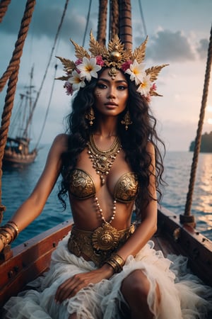 Mythical Full Body Portrait Photo of Dyah Gitarja aboard her Javanese ship, wearing a flower and a majestic crown in her hair, enveloped by the mystical aura of the sea and ancient maritime spirits, bathed in the ethereal light of moonrise, photographed from a mystical and reverent angle . 35mm photograph, film, bokeh, professional, shot by doug dubois, 4k, highly detailed