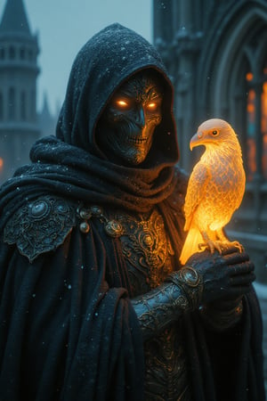 A mysterious, hooded figure clad in dark, ornate armor. The figure's face is obscured by a mask with glowing, otherworldly eyes. Snowflakes fall around them, adding to the cold, wintery atmosphere. The armor is detailed and intricate, with gold accents and elaborate carvings. Perched on the figure's forearm is a glowing, translucent golden big raven, its ethereal form casting a soft light that contrasts with the darkness around it. The background features a dimly lit, gothic cathedral with towering spires and stained glass windows, enhancing the haunting atmosphere. The composition is close-up, emphasizing the figure's armor, the intensity of their gaze, and the otherworldly presence of the glowing golden raven. The style remains dark, atmospheric, and mysterious, , , 