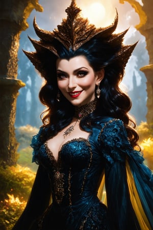 reality-shot, realism, realistic photography of a very detailed evil queen, cunning smile, awesome appearance, magical landscape with enchanted elements, fantasy art style, sunshine yellow theme, intricate details, ultra sharp, exquisite detail, flawless composition, vivid colors, masterpiece, exciting background    DotDotDotCE