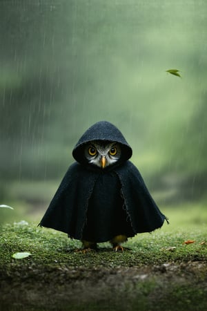 A very small and tiny round owl wear black tattered cloak and robe with hood on, heavy raining, against an ethereal backdrop of soft greens and browns, with delicate, leaves to the side that gives a dreamy, serene ambiance to the scene, , , 