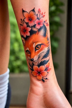 Wrist Tattoo, Tattoo Design, a tattoo on the foot of a woman with an image of a fox and a flower on her leg
