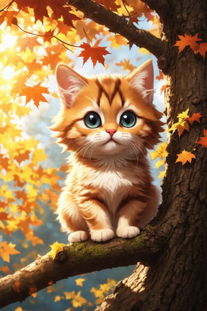 looking at viewer,detailed background,Cinematic Lighting,film grain,depth of field,,masterpiece,best quality,highly detailed,
,,glowing,colorful,
(masterpiece, best quality, (anime screencap:1.5)),cute little cat,perched on a tree branch,large expressive eyes,detailed fluffy fur with autumn leaves gently resting on it,vibrant autumn background with orange and yellow leaves falling,sunlight filtering through the trees creating a warm glow,detailed bark and leaves,playful and joyful expression,intricate and lush autumn foliage,2d anime style,volumetric lighting,high dynamic range,sense of wonder and playfulness,extremely detailed background with layers of autumn leaves,branches,and sunlight,realistic textures and lighting,magical and enchanting atmosphere,  epiCPhoto, PA7_Portrait-MCU,