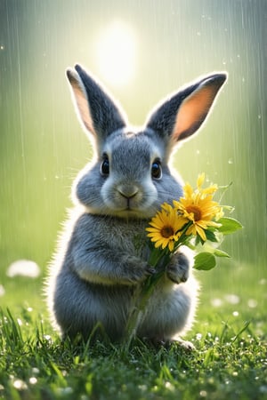 (masterpiece, best quality, 4K, 8K, high-resolution, ultra-detailed, photorealistic), a baby bunny holding a bouquet of flowers in the rain, tender and heartwarming scene, vibrant colors, intricate details, delicate petals and leaves, realistic fur texture, gentle raindrops, soft lighting, whimsical and dreamy atmosphere, high contrast, soft shadows, dynamic composition, natural background, wet fur, glistening droplets, botanical details, baby animal, enchanting moment
