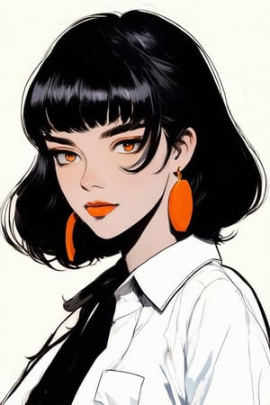 Comic Art Illustration Style,  a woman in a white shirt and orange earrings, 1girl, solo, looking at viewer, short hair, black hair, jewelry, earrings, mole, mole under eye, black background