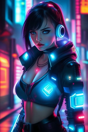 Cyberpunk Cybernetic Girl: glowing implants, neon-lit streets, futuristic attire, sci-fi, cyber elements, digital enhancements, intense expression, high-tech fusion