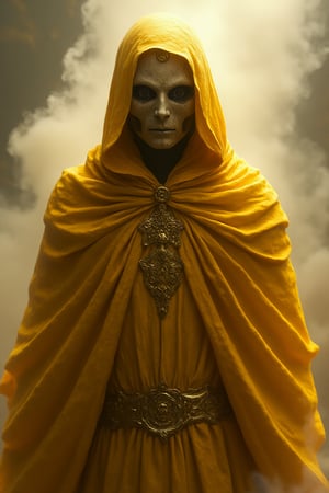 highly detailed masked robed god. King in yellow. (((faceless mask of withered bone:1))), old yellow tattered robe, smoke rises from gaps in robe and from behind the person, background is bone white and strange ghost shapes of tentacles, looking at viewer, shiny, intricate design details, with vibrant colors, bold colors, iridescent background, contrasting shadows, natural lighting, flowing, gold and bone ornates on robe,  
The art style is fantasy, with cinematic lighting and warm tones. It is a portrait with a mysterious mood, depicting an scary beauty in a fantasy world, hkmagic, masterpiece, best quality, highly detailed, sharp focus, dynamic lighting