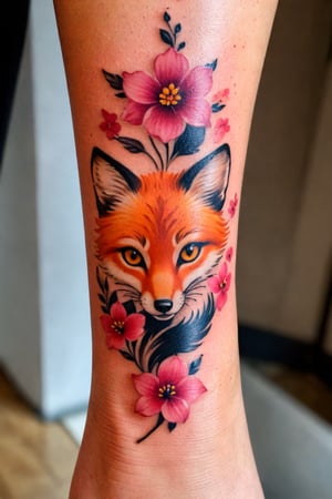 Wrist Tattoo, Tattoo Design, a tattoo on the foot of a woman with an image of a fox and a flower on her leg