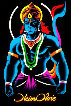 hanumanji art,"Create a captivating vector neon art piece of Hanumanji, utilizing a minimalist color palette of two vibrant hues. The scene should depict Hanumanji in a dynamic pose, radiating strength and divinity. Employ neon lighting to outline the contours of Hanumanji's form, emphasizing the divine aura that surrounds him. The background should remain dark, enhancing the luminosity of the neon vector art. Strive for simplicity and clarity in the design, letting the neon colors evoke a sense of spiritual energy. Consider influences from vector artists on platforms like Dribble or Behance who specialize in neon aesthetics. The art should resonate with the essence of Hanumanji, infusing the traditional with a modern, neon twist."
