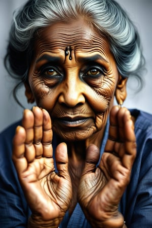 Photography. Portrait of a very old woman from South India. Skin is dark with wrinkles and age marks. She is presenting her hands. Nails are naturals and a bit tidy.