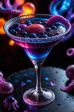      (ultra detailed, clean focus, masterpiece, best quality, 16k, 8k:1.2), (rim lighting:1.3), in a realm of madness a (cosmic:1.1) (eldritch:1.1) (blueberry:1.1) (cocktail, iced:1.1) is served in an ornate crystal cocktail glass on a (rough black slate:1.1) table, it is decorated with a (single writhing tentacle:1.4) and a handful of (perfect blueberries:1.4), it emits (malevolent purple energy:1.2), (drops of quicksilver:1.1) are scattered on the surface, (azure and deep purple crystals:1.1), (eerie creeping fog:1.1), raw photo, (magazine product advertisement:1.1), short depth of field, (cosmic nebula background:1.1)