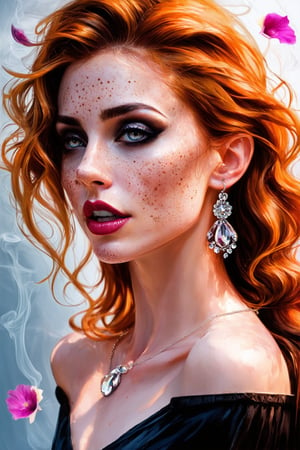 Masterpiece, 4K, ultra detailed, beautiful freckles lady with natural makeup, beautiful Smokey eyes and glossy lips, dangling earring and crystal necklace, ginger and black ombre hair, romantic flower petals, colorful bellowing smoke, depth of field, SFW,watercolor \(medium\)
