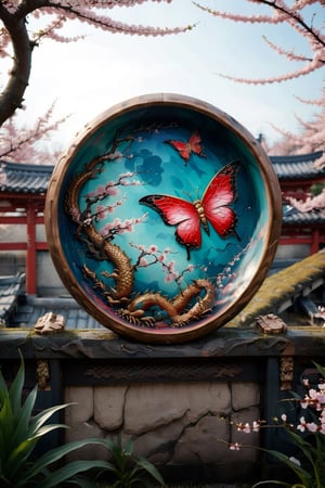 Dragon inspired, dragon themed,Detailed ukiyo-e of a butterfly garden, Cherry blossom, epic light ,Ukiyo-e, colorful