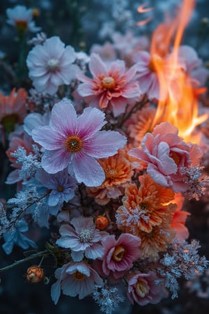 a flowers bouquet from ice and flames of fire, detailmaximizer