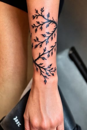 Wrist Tattoo, Tattoo Design, a black and white tattoo of a tree branch on a woman's wrist with branches coming out of it