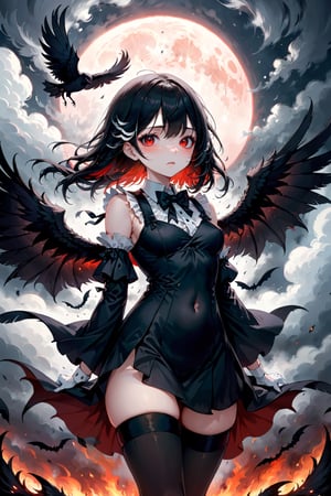 (((masterpiece))),best quality, extremely detailed CG unity 8k, illustration, contour deepening beautiful detailed glow,(beautiful detailed eyes), (1 girl:1.1), ((Bana)), large top sleeves, Floating black ashes, Beautiful and detailed black, red moon, ((The black clouds)), (black Wings) , a black cloudy sky, burning, black dress, (beautiful detailed eyes), black expressionless, beautiful detailed white gloves, (crow), bat, (floating black cloud:1.5),white and black hair, disheveled hair, long bangs, hairs between eyes, black knee-highs, black ribbon, white bowties, midriff,{{{half closed eyes}}},((Black fog)), Red eyes, (black smoke), complex pattern, ((Black feathers floating in the air)), (((arms behind back)))