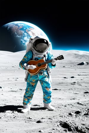 An astronaut in a vibrant Hawaiian shirt, playing a ukulele on the moon with Earth rising in the background, natural light, shot on Hasselblad 500C/M with Carl Zeiss Jena Pancolar 50mm f/1.8 lens, surreal, detailed textures, highly cinematic.
