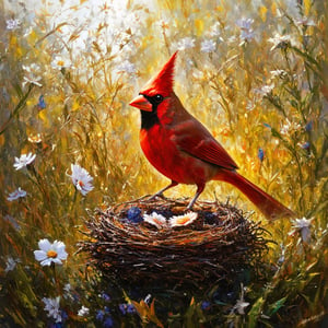 Stunning wild grass, 
flowers blooming, 
close-up bird cardinal and nest Epic cinematic brilliant stunning intricate meticulously detailed dramatic atmospheric maximalist digital modern painting