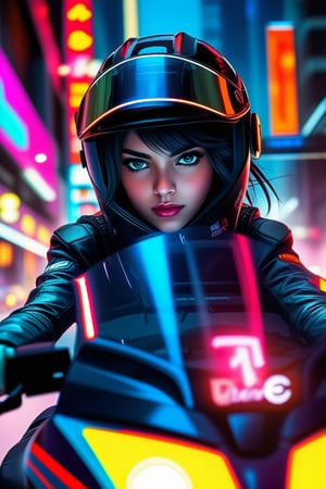 Cyberpunk Street Racer Girl: neon-lit streets, glowing vehicle, futuristic helmet, sci-fi, cyber elements, urban race, intense focus, sleek design, high-speed