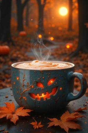 A steaming pumpkin spice latte, but the surface foam swirls into the shape of a perfectly carved jack-o'-lantern face. Look closer, and the foam's delicate texture subtly ripples as if the jack-o'-lantern is alive, with its grin slowly widening. Tiny, near-invisible ghost faces appear in the cinnamon dust, vanishing when you blink. The cream spills over the cup, and as it trickles down, small pumpkin vines and tendrils appear to grow from the liquid. The cup’s surface is cracked in the shape of a spiderweb, with delicate reflections of the moon caught in the glazing. In the background, a soft-focus autumn forest with fallen leaves transitions into a shadowy landscape, with one or two distant, flickering jack-o'-lanterns nestled in the dark