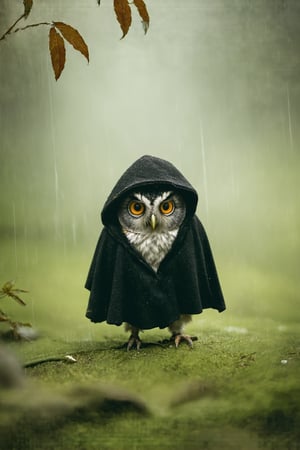A very small and tiny round owl wear black tattered cloak and robe with hood on, heavy raining, against an ethereal backdrop of soft greens and browns, with delicate, leaves to the side that gives a dreamy, serene ambiance to the scene, , , 