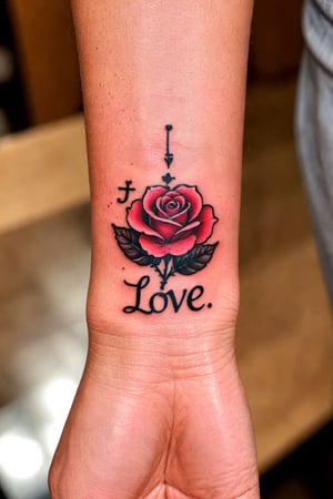 Wrist Tattoo, Tattoo Design, a small tattoo on the wrist of a man with a rose and the word 'love' written on it