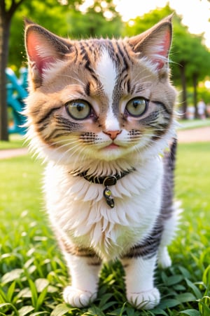 ((anime chibi style)), cute looking kitten with adorable eyes in the park, dynamic angle, depth of field