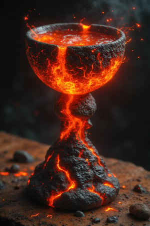 A hyper-realistic portrait, photorealistic photo close-up image of A chalice forged from molten lava, its surface perpetually shifting and flowing like a living, fiery river. The body of the chalice is smooth, with glowing orange and red patterns resembling ancient runes, constantly appearing and disappearing as the lava moves. The rim is edged with a blackened, obsidian-like material that contrasts sharply with the molten liquid within. Inside the chalice, a swirling vortex of liquid fire dances, its heat palpable even from a distance. The base is heavy, with veins of glowing magma coursing through the stone, grounding the otherwise fluid object in the physical world. The chalice stands on a wooden medieval table (photography, high-resolution, dynamic, energetic,hyper-realistic, dramatic lighting, shallow depth of field.)