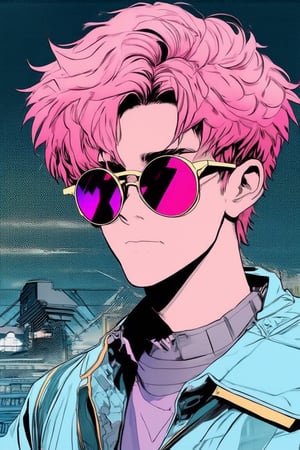 Comic Art Illustration Style,  an illustration of a boy with sunglasses and pink hair, solo, short hair, black hair, 1boy, male focus, parted lips, necklace, round eyewear