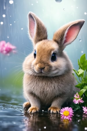 (masterpiece, best quality, 4K, 8K, high-resolution, ultra-detailed, photorealistic), a baby bunny holding a bouquet of flowers in the rain, tender and heartwarming scene, vibrant colors, intricate details, delicate petals and leaves, realistic fur texture, gentle raindrops, soft lighting, whimsical and dreamy atmosphere, high contrast, soft shadows, dynamic composition, natural background, wet fur, glistening droplets, botanical details, baby animal, enchanting moment
