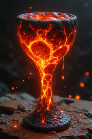 A hyper-realistic portrait, photorealistic photo close-up image of A chalice forged from molten lava, its surface perpetually shifting and flowing like a living, fiery river. The body of the chalice is smooth, with glowing orange and red patterns resembling ancient runes, constantly appearing and disappearing as the lava moves. The rim is edged with a blackened, obsidian-like material that contrasts sharply with the molten liquid within. Inside the chalice, a swirling vortex of liquid fire dances, its heat palpable even from a distance. The base is heavy, with veins of glowing magma coursing through the stone, grounding the otherwise fluid object in the physical world. The chalice stands on a wooden medieval table (photography, high-resolution, dynamic, energetic,hyper-realistic, dramatic lighting, shallow depth of field.)