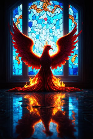 (dominant colours: gold, scarlet, amber, cream, rose), (dramatic shadows, soft light), A glowing fiery phoenix made of flames is silhouetted with wings outstretched in front of a window of intricate, swirled stained glass. The sapphire blue hues of the window bathe the phoenix in an otherworldly glow, its form reflected in the rain-slicked stone floor. (detailed ethereal background), (radiant light patterns), (serene intensity), (mystical window gaze), (otherworldly ambiance), (mesmerizing presence)