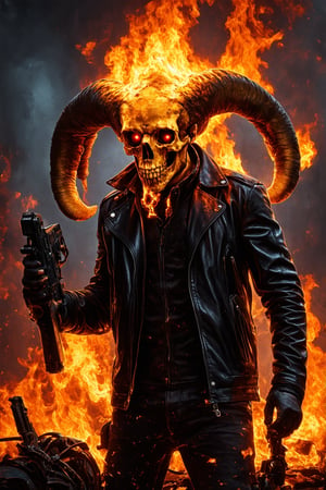 __Ghost Rider __, solo, 1boy __nicolas cage__, jacket, weapon, male focus, gun, night, chain, fire, ground vehicle, building, motor vehicle, skull, leather, hell customized chopper, ((ram's skull with glowing red eyes)), warped and dripping with ((molten metal)), burns with ((eerie flames)), leather jacket, burning, [Chrome:0.5], [rider:0.3], (masterpiece, award winning artwork) many details, extreme detailed, full of details, Wide range of colors, high Dynamic         casting shadow style, cucoloris patterned illumination